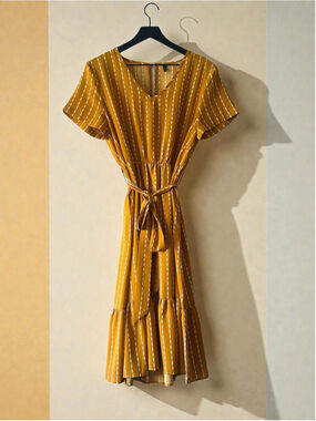 Brovave Mustard Striped Tie Waist Midi Dress Size L
